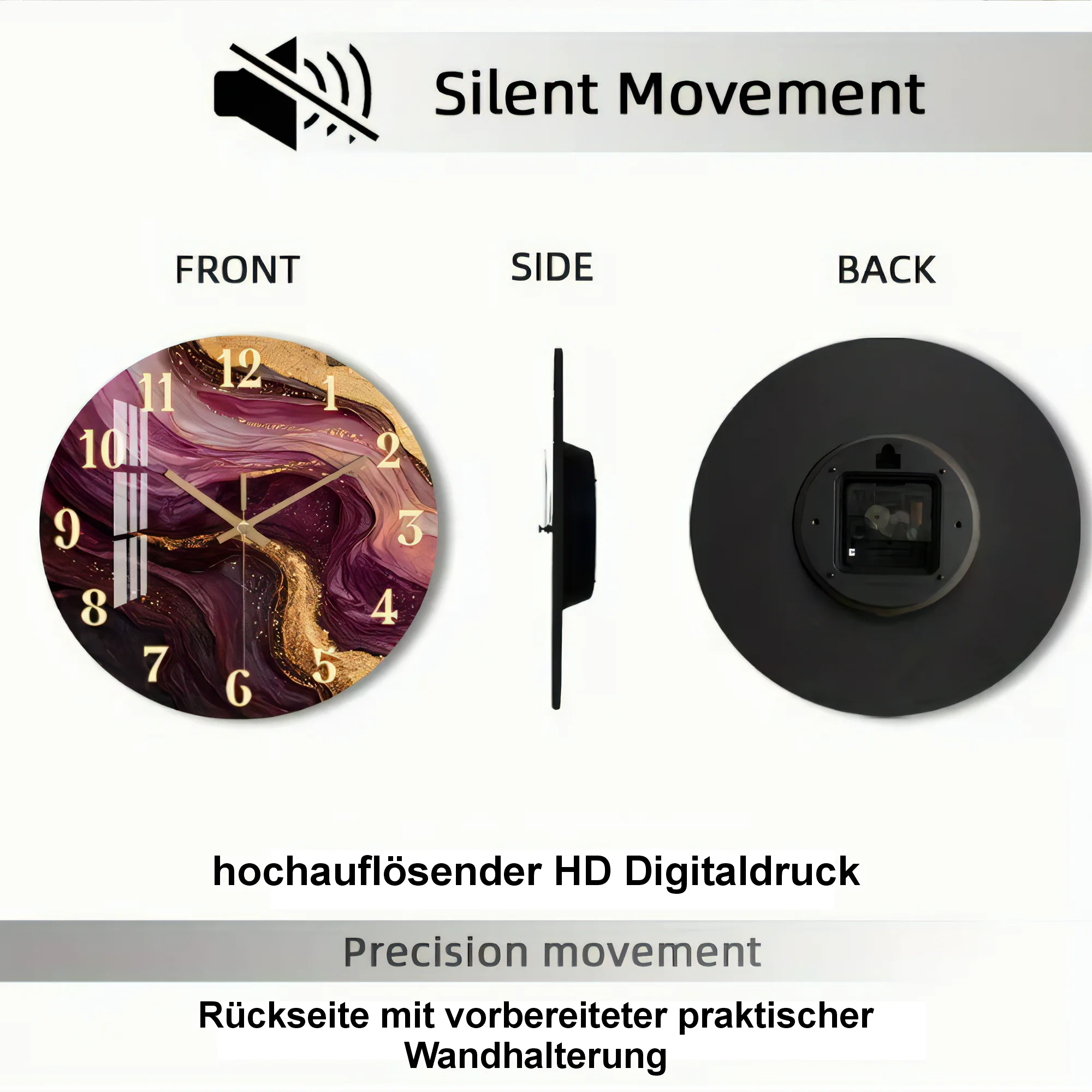 Leise Wanduhr - Modernes Marmor-Design mit goldenen Akzenten